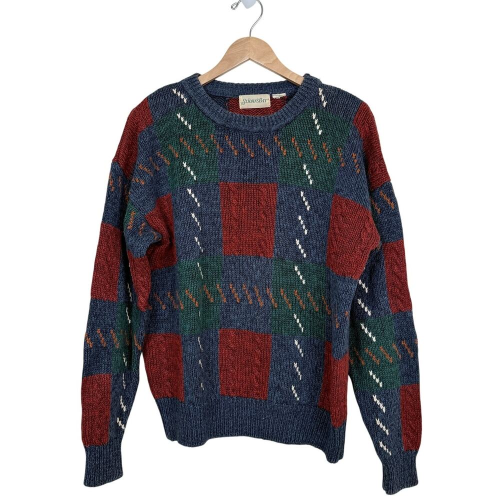Vintage St Johns Bay Sweater Cotton Blend Geometric Crewneck 90s Preppy Mens M